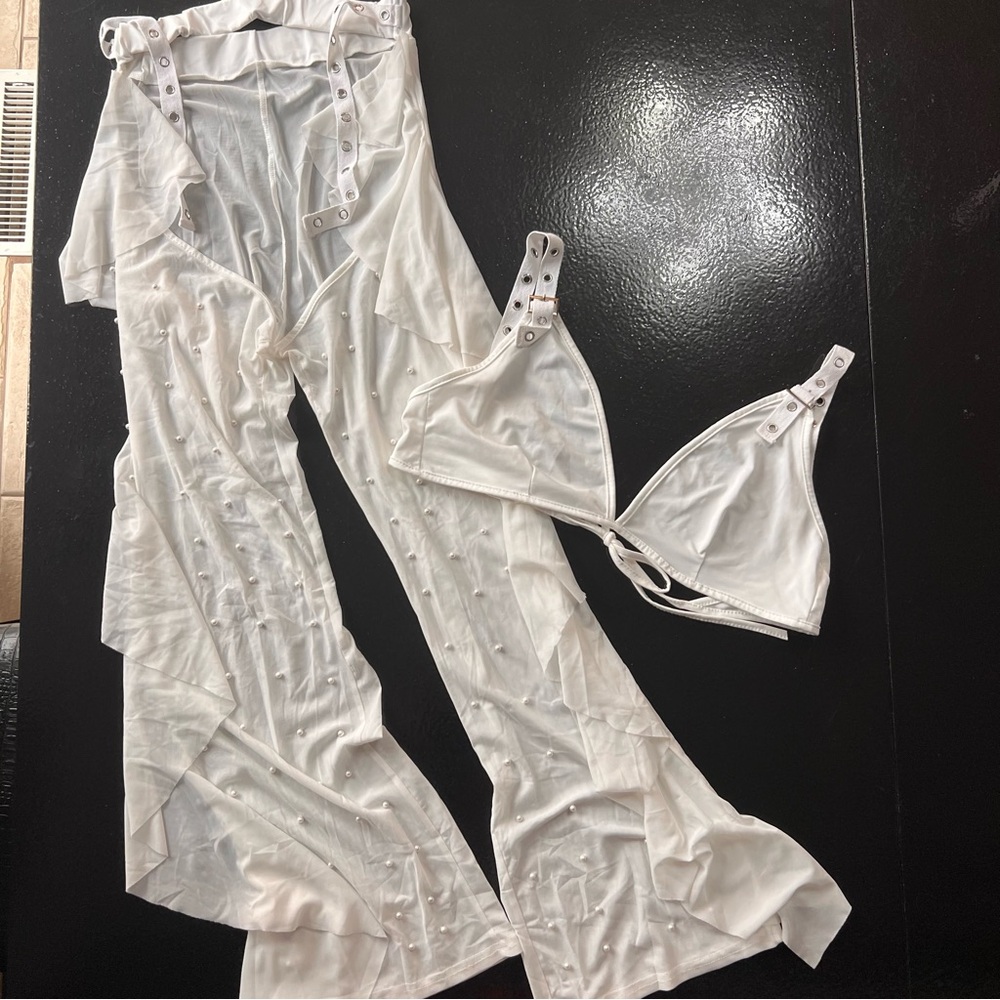 Bikini and Chaps Sheer Mesh White Two Piece Set with Pearls